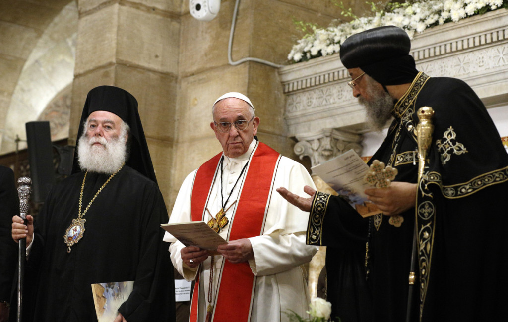 Pope Francis and Coptic Orthodox Pope Tawadros II, right, attend an ecumenical prayer service at the Chruch of St. Peter in Cairo April 28. The pope was making a two-day visit to Egypt. (CNS photo/Paul Haring) See POPE-EGYPT-ORTHODOX April 28, 2017.